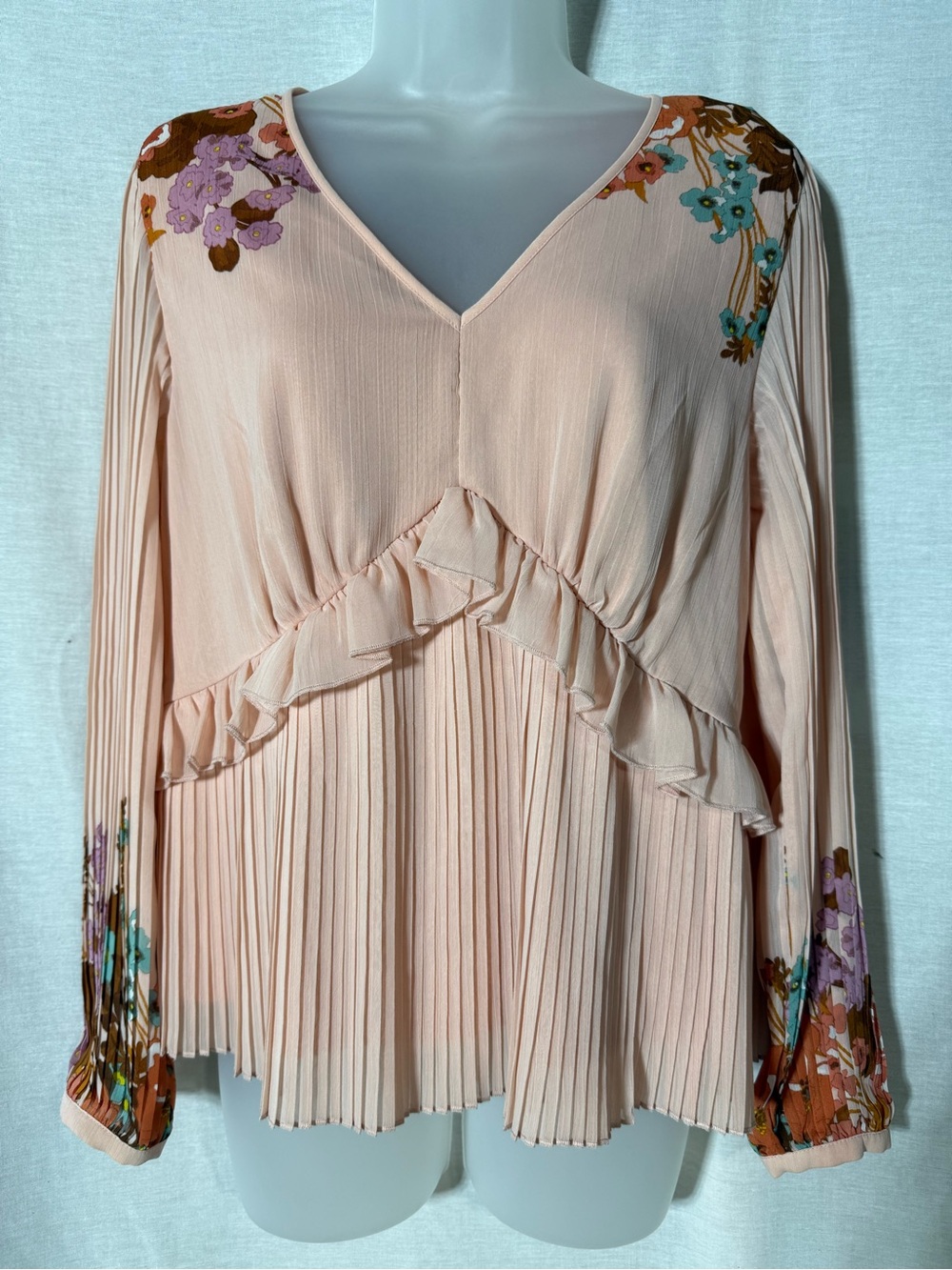 DR2 Blush Pink Pleated Ruffle V-Neck Tunic with Floral Accents